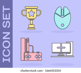 Set Computer monitor, Award cup, Game console with joystick and Computer mouse gaming icon. Vector