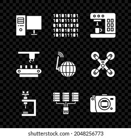 Set Computer monitor, Binary code, Coffee machine, Microscope, Server, Data, Web Hosting, Mirrorless camera, Factory conveyor system belt and Social network icon. Vector