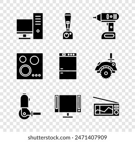 Set Computer monitor, Blender, Electric cordless screwdriver, Angle grinder, Smart Tv and Radio icon. Vector