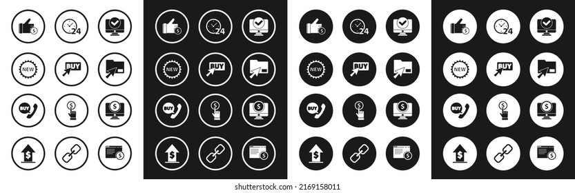 Set Computer monitor, Buy button, Price tag with New, Hand holding coin, Cursor click document folder, Clock 24 hours, dollar and Phone speech bubble icon. Vector