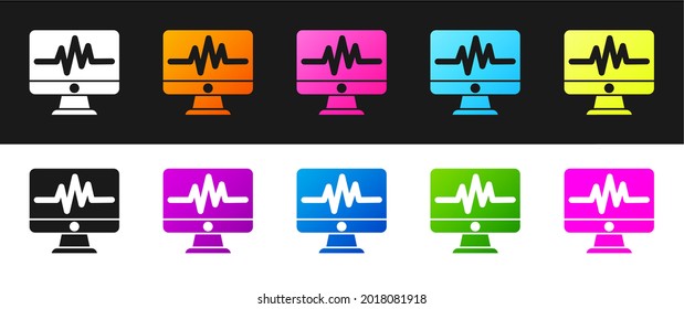 Set Computer monitor with cardiogram icon isolated on black and white background. Monitoring icon. ECG monitor with heart beat hand drawn.  Vector Illustration