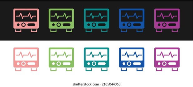 Set Computer monitor with cardiogram icon isolated on black and white background. Monitoring icon. ECG monitor with heart beat hand drawn.  Vector
