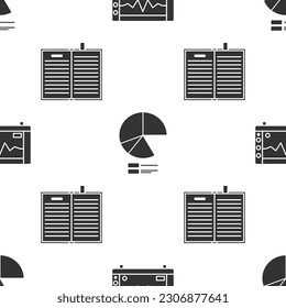 Set Computer monitor with cardiogram, Pie chart infographic and Open science book on seamless pattern. Vector