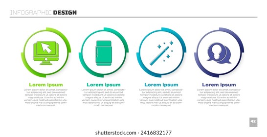 Set Computer monitor and cursor, Eraser or rubber, Magic wand and Light bulb with concept of idea. Business infographic template. Vector