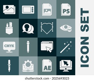 Set Computer Monitor And Cursor, Magic Wand, Red Eye Effect, Picture Landscape, Light Bulb With Concept Of Idea, Crossed Ruler Pencil,  And Heart Bezier Curve Icon. Vector