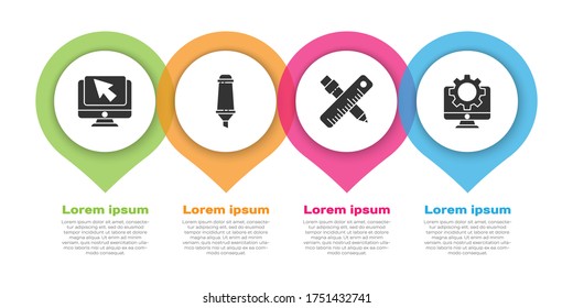 Set Computer monitor and cursor, Marker pen, Crossed ruler and pencil and Computer monitor and gear. Business infographic template. Vector