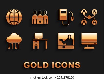 Set Computer monitor and desk, Online class, screen, education, Network cloud connection, Electronic book with mouse, Social network and  icon. Vector