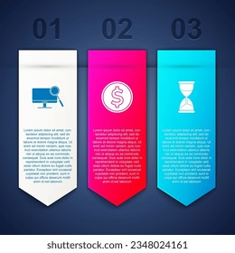 Set Computer monitor diagnostics, Coin money with dollar and Hourglass. Business infographic template. Vector