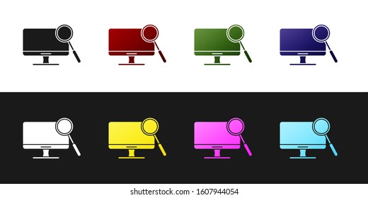 Set Computer monitor diagnostics icon isolated on black and white background. Adjusting app, service, setting options, maintenance, repair.  Vector Illustration