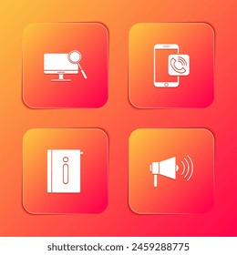 Set Computer monitor diagnostics, Mobile phone call, User manual and Megaphone icon. Vector