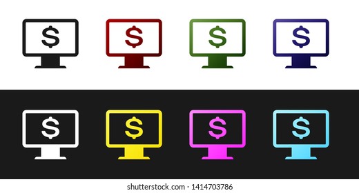 Set Computer monitor with dollar icon isolated on black and white background. Internet financial security concept, online finance protection. Vector Illustration