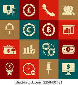 Set Computer monitor with dollar symbol, schedule, chart, diagram, infographic, pie graph, Telephone handset, Coin euro, Lock, mobile bitcoin and Cryptocurrency Bitcoin icon. Vector
