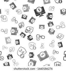 Set Computer monitor with dollar, Tablet with dollar, Chain link and coin and Shield with dollar on seamless pattern. Vector