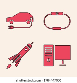 Set Computer monitor, Electric car, Smartwatch and Rocket ship with fire icon. Vector