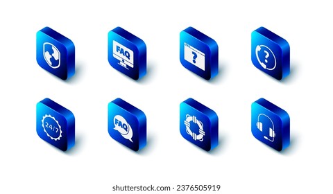 Set Computer monitor and FAQ, Browser with question mark, Telephone 24 hours support, Headphones, Lifebuoy, Speech bubble, Clock and Shield icon. Vector