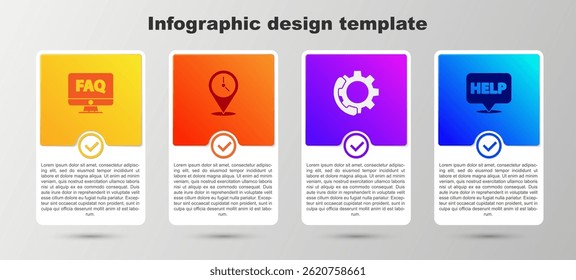 Set Computer monitor and FAQ, Location with clock, Telephone 24 hours support and Speech bubble text Help. Business infographic template. Vector