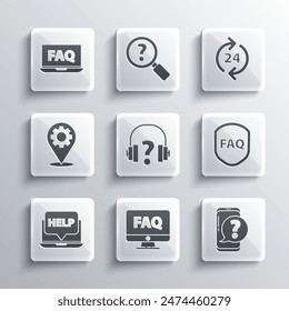 Set Computer monitor and FAQ, Mobile phone with question, Shield text, Headphones, Laptop help, Location gear,  and Telephone 24 hours support icon. Vector