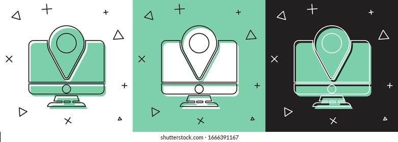Set Computer monitor and folded map with location marker icon isolated on white and green, black background.  Vector Illustration