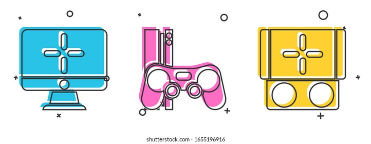 Set Computer monitor, Game console with joystick and Portable video game console icon. Vector