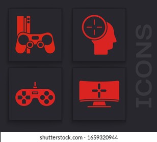 Set Computer monitor, Game console with joystick, Head hunting concept and Gamepad icon. Vector