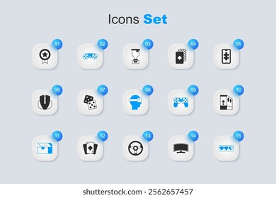 Set Computer monitor, Game dice, controller joystick, Chest for game, life bar, Case of computer, rating with medal and Virtual reality glasses icon. Vector