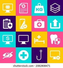 Set Computer monitor and gear, Dental protection, Upload, Weight, Setting smartphone and Clipboard with medical insurance icon. Vector