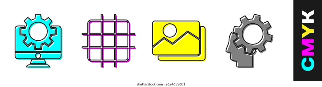 Set Computer monitor and gear, Grid graph paper, Picture landscape and Human head with gear inside icon. Vector