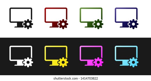 Set Computer monitor and gear icon isolated on black and white background. Adjusting app, setting options, maintenance, repair, fixing monitor concepts. Vector Illustration