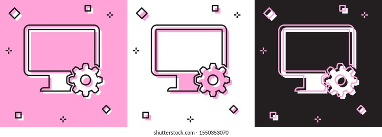 Set Computer monitor and gear icon isolated on pink and white, black background. Adjusting, service, setting, maintenance, repair, fixing.  Vector Illustration