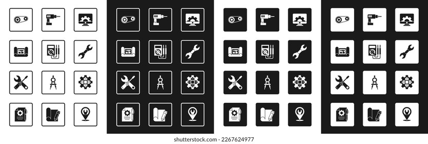 Set Computer monitor and gear, Multimeter, House plan, Timing belt kit, Wrench spanner, Electric drill machine, Processor and Screwdriver wrench icon. Vector