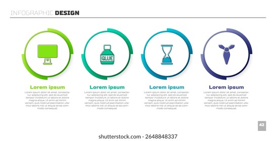 Set Computer monitor, Glue, Old hourglass and Tie. Business infographic template. Vector