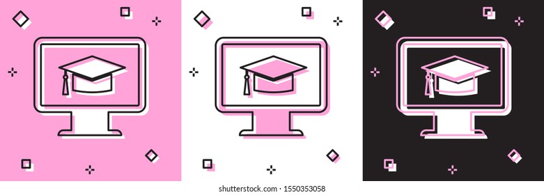 Set Computer monitor with graduation cap icon isolated on pink and white, black background. Online learning or e-learning concept. Internet knowledge symbol.  Vector Illustration