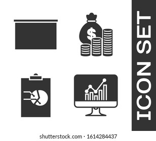 Set Computer monitor with graph chart, Chalkboard, Clipboard with graph chart and Money bag and coin icon. Vector