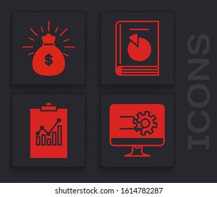 Set Computer monitor with graph chart, Money bag, User manual and Clipboard with graph chart icon. Vector