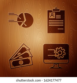 Set Computer monitor with graph chart, Pie chart infographic, Stacks paper money cash and Clipboard with resume on wooden background. Vector