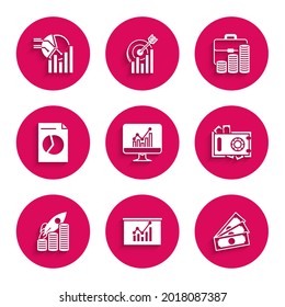 Set Computer monitor with graph chart, Board, Stacks paper money cash, Safe and, Rocket flying up coins growth, Document, Briefcase and Pie infographic icon. Vector