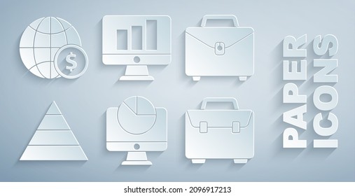 Set Computer monitor with graph chart, Briefcase, Pyramid infographics, Monitor and Earth globe dollar icon. Vector
