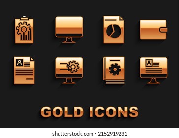 Set Computer monitor with graph chart, Wallet, resume, User manual, Resume, Document, Clipboard and screen icon. Vector