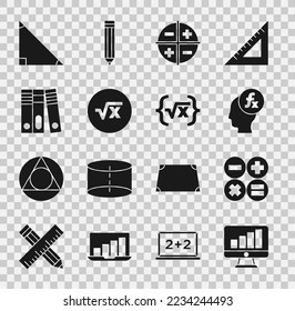 Set Computer monitor with graph chart, Calculator, Function mathematical symbol, XYZ Coordinate system, Square root of x glyph, Office folders, Triangle and  icon. Vector