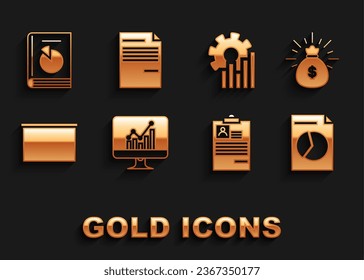 Set Computer monitor with graph chart, Money bag, Document, Clipboard resume, Chalkboard, Pie infographic, User manual and  icon. Vector