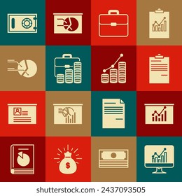 Set Computer monitor with graph chart, Board, Document, Briefcase, and coin, Pie infographic, Safe and  icon. Vector