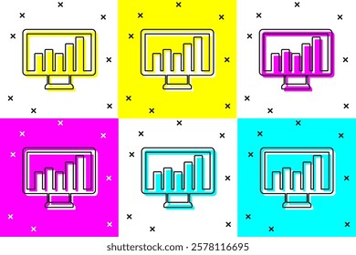 Set Computer monitor with graph chart icon isolated on color background. Report text file. Accounting sign. Audit, analysis, planning.  Vector