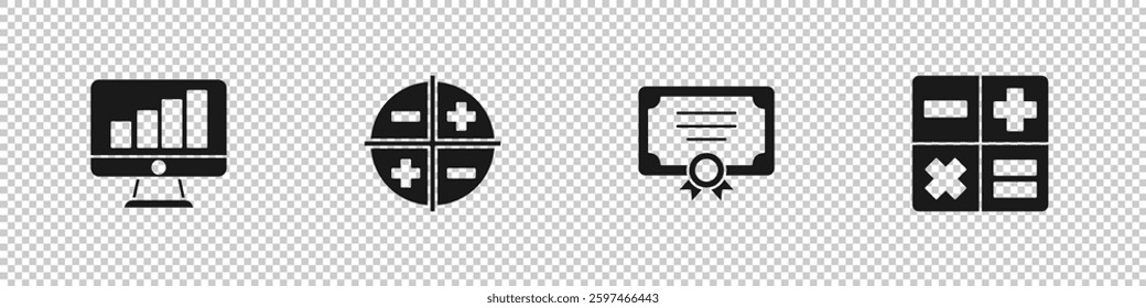 Set Computer monitor with graph chart, XYZ Coordinate system, Certificate template and Calculator icon. Vector