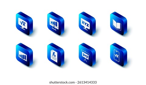 Set Computer monitor with graph chart, XYZ Coordinate system, Open book, Square root of x glyph, Chalkboard, Function mathematical symbol, Laptop and  icon. Vector