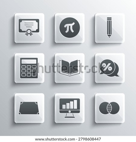 Set Computer monitor with graph chart, Mathematics sets A and B, Discount percent tag, Open book, Acute trapezoid shape, Calculator, Certificate template and Pencil icon. Vector