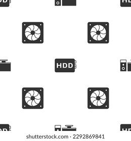 Set Computer monitor, Hard disk drive HDD and cooler on seamless pattern. Vector