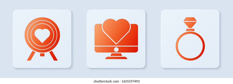 Set Computer monitor with heart, Heart in the center of darts target aim and Wedding rings. White square button. Vector