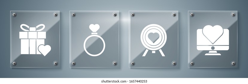 Set Computer monitor with heart, Heart in the center of darts target aim, Wedding rings and Gift box and heart. Square glass panels. Vector