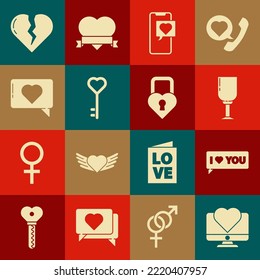 Set Computer monitor with heart, Speech bubble I love you, Wine glass, Smartphone speech, Key shape, Like and, Broken divorce and Castle the of icon. Vector