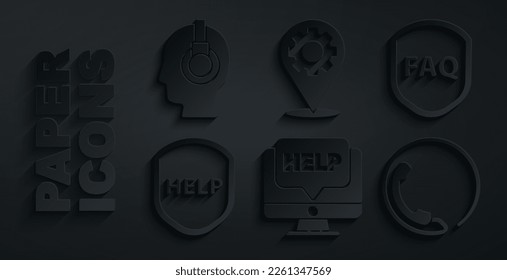 Set Computer monitor and help, Shield with text FAQ, Help, Telephone 24 hours support, Location gear and Support operator in touch icon. Vector